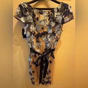 Adrianna Papell 
Blue and nude embroidered sheath dress